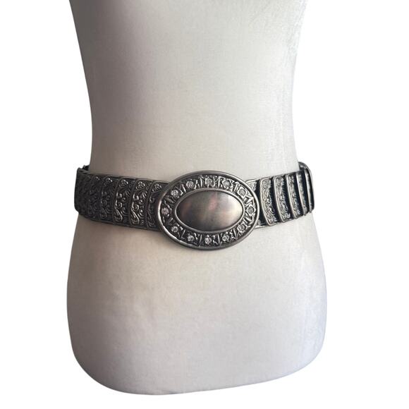 VTG Retro Rhinestone Metal Stretch Elastic Silver Tone Belt Round Ornate Floral - Picture 1 of 5